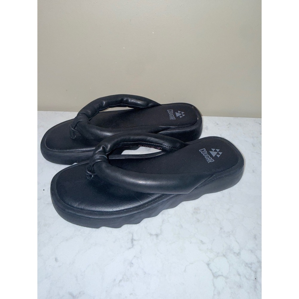 Cougar Jasmine Black Leather Padded Platform Thong Sandals Womens 8M Flatform